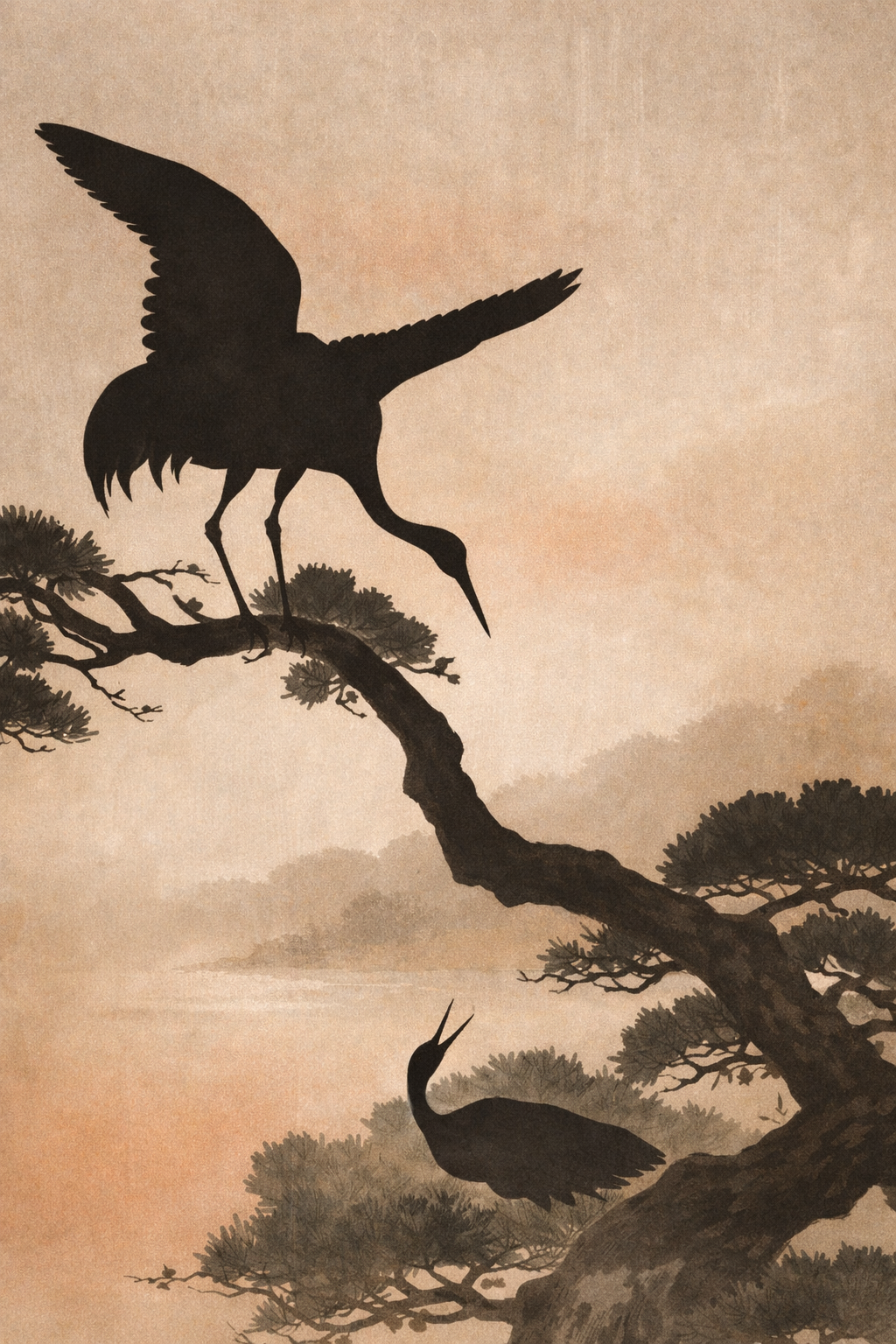 Twee kraanvogels op een dennenboom