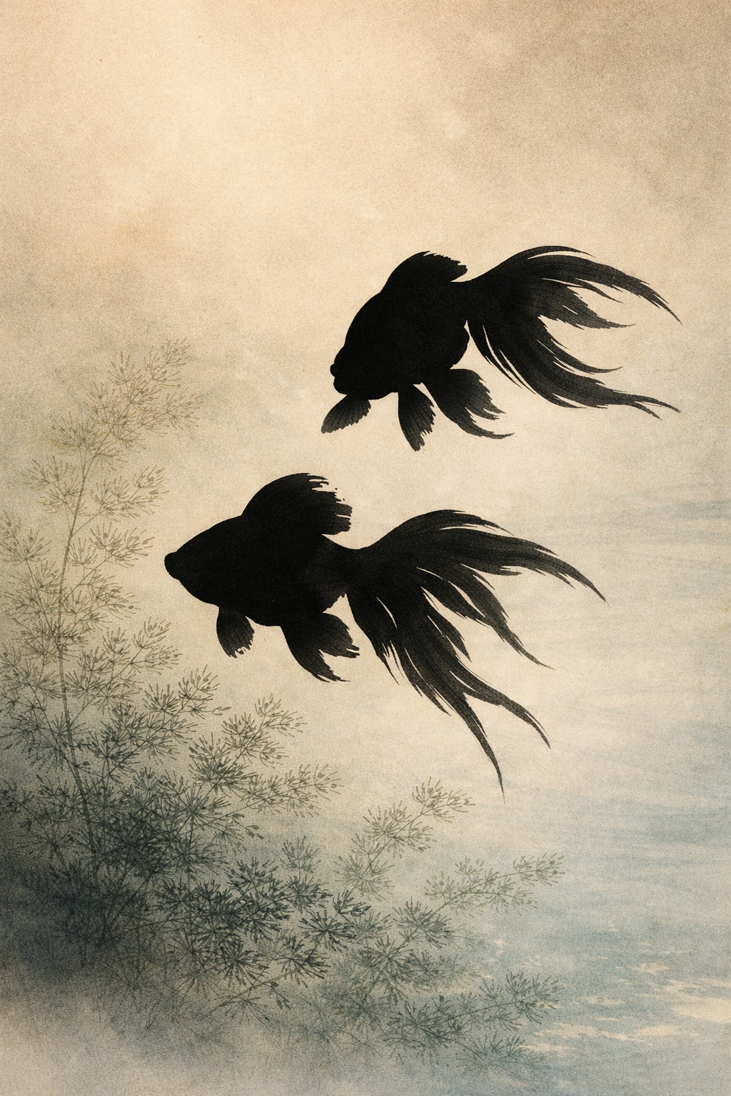 Zwemmende goudvissen in inktvernis